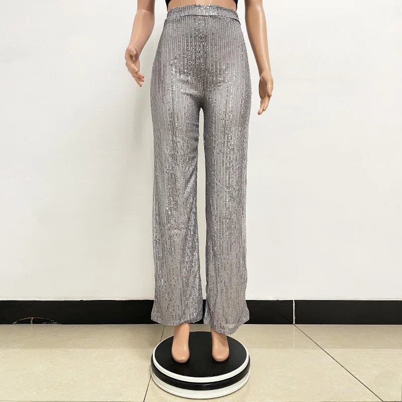 Pantaloni da donna, abbigliamento femminile, vestiti alla moda, pantaloni casual con paillettes, pantaloni eleganti, ampi e fluidi, a gamba larga, hwy5623