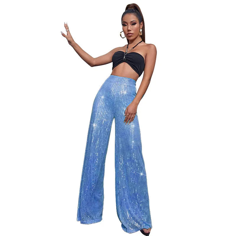 Pantaloni da donna, abbigliamento femminile, vestiti alla moda, pantaloni casual con paillettes, pantaloni eleganti, ampi e fluidi, a gamba larga, hwy5623