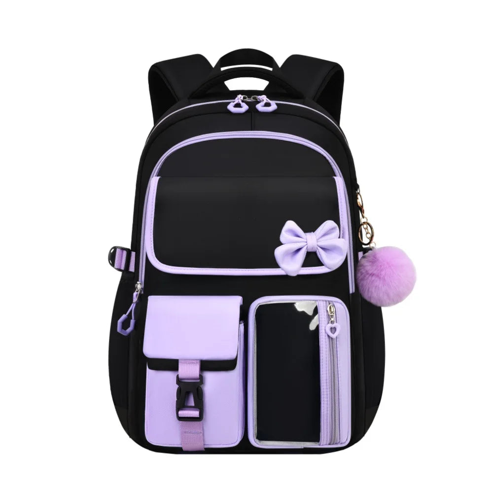 Zaino scolastico elementare multitasche per ragazze, zaino ergonomico impermeabile con fiocco, set di zaini per viaggi all'aperto e uso quotidiano