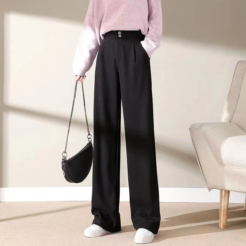 2024 Autunno Inverno Donna Pantaloni di lana concisi Lady Gamba larga Designer Pantaloni esterni Donna Addensare Pantaloni drappeggiati a vita alta