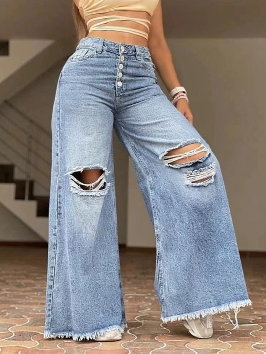 Pantaloni a gamba larga con foro ampio retrò a vita alta alla moda da donna Pantaloni lunghi da donna nuovi jeans lavati di colore chiaro