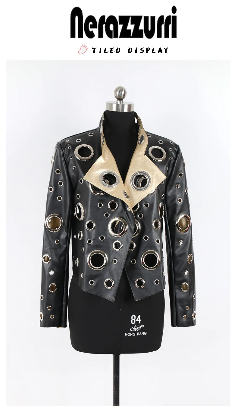 Nerazzurri primavera autunno corto scava fuori giacca in pelle Pu donna rivetto fresco elegante Designer di lusso vestiti pista moda 2024