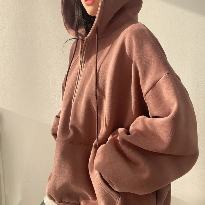 Felpa con cappuccio da donna Harajuku sciolto oversize tinta unita Top mezza Zip felpa donna Casual manica lunga tasca cappotti con cappuccio 2023