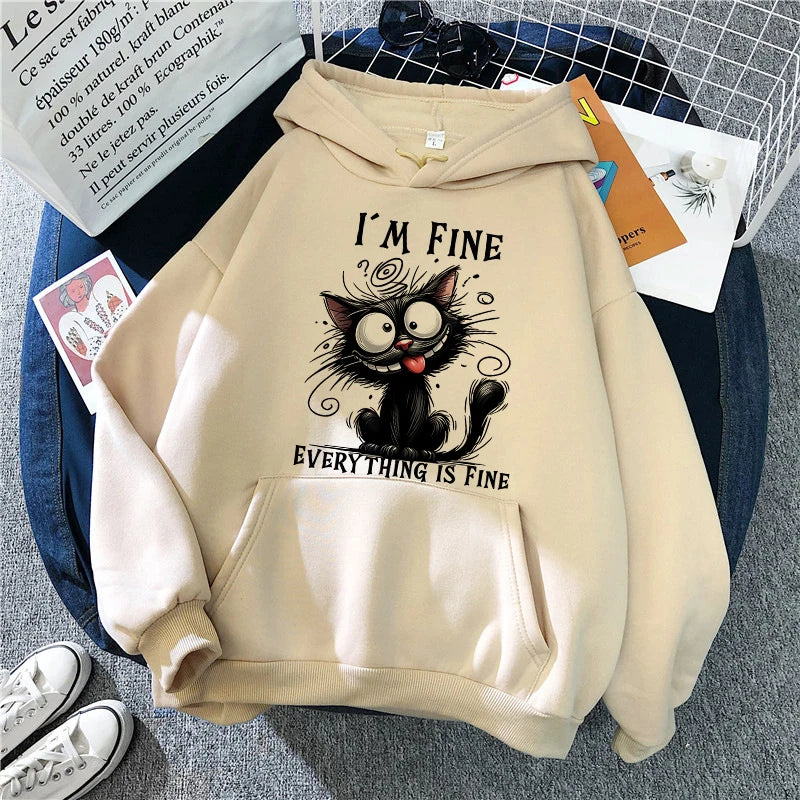 Felpe Y2k vintage da donna Abiti casual con cappuccio Pullover Kawaii Ho bene Tutto è bene Felpe con cappuccio stampate con gatto sarcastico