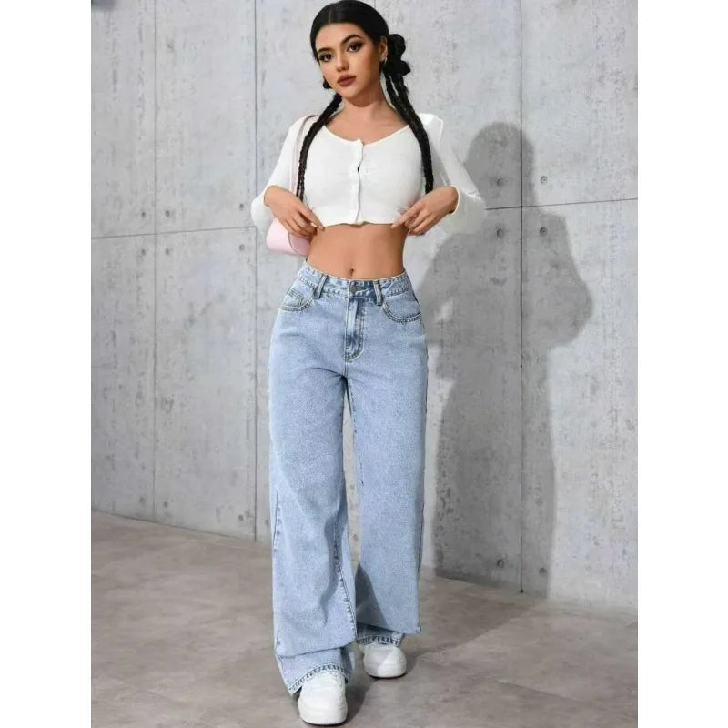 Jeans da donna in denim a gamba larga a gamba dritta Y2K Autunno Inverno 2025 Pantaloni larghi retrò stile coreano Jeans versatili da strada di moda