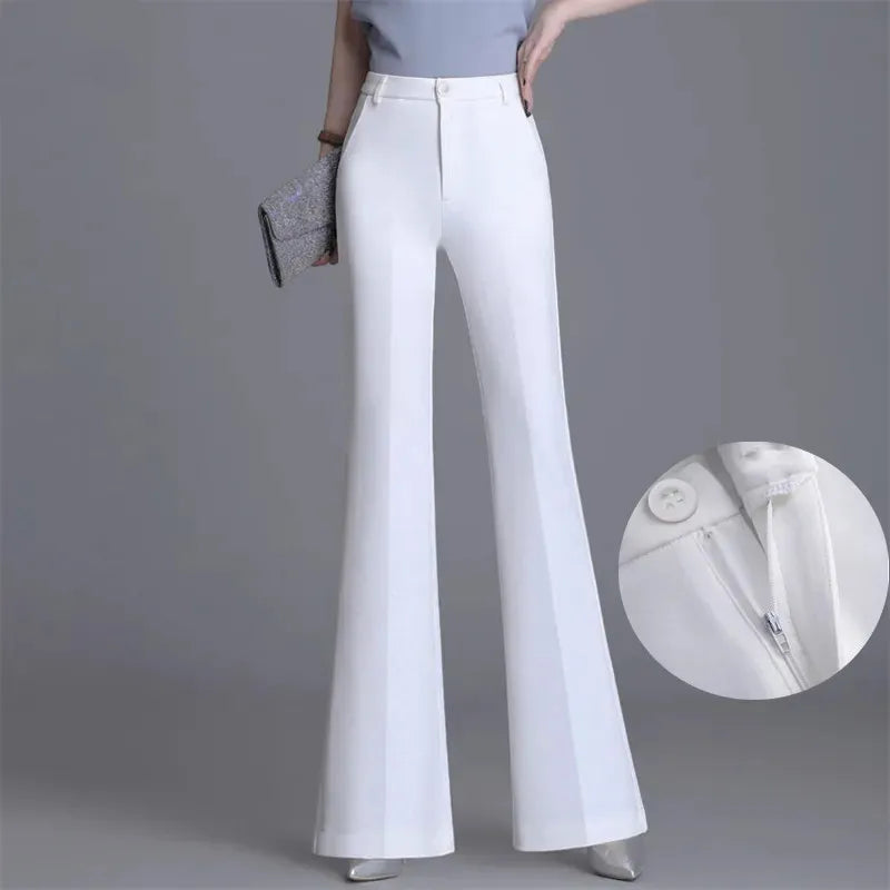Pantaloni classici a zampa d'elefante bianchi sottili per le donne 2025 Pantaloni estivi a vita alta con fondo a campana sottile Pantaloni da donna da ufficio neri 5XL