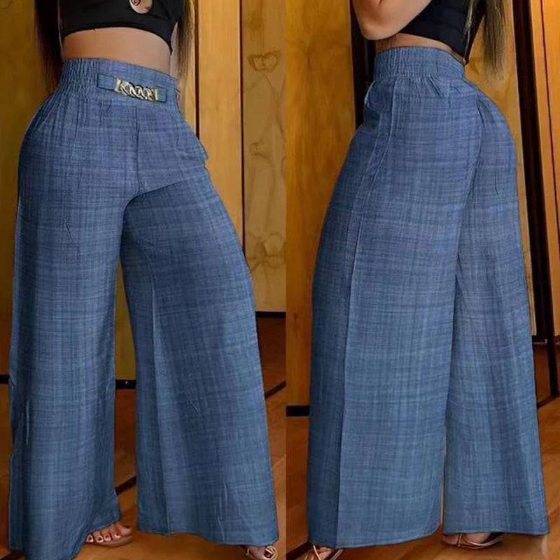 Pantaloni a gamba larga tinta unita a vita alta Pantaloni estivi chic allentati ed eleganti svasati in metallo Pantaloni da donna dritti per le vacanze da ufficio
