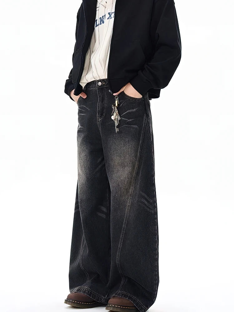 Jeans Baggy Vintage Neri Lavati da Uomo, Pantaloni a Gamba Larga con Taglio Curvo, Streetwear, Stile Cowboy, Casual, in Denim, a Gamba Dritta