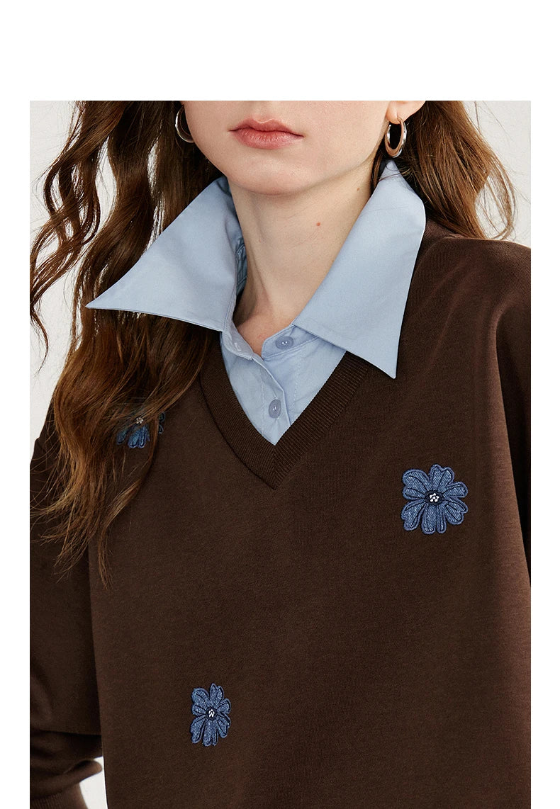 TOYOUTH Felpa da donna 2025 Autunno Nuovo Denim Fiore Ricamo Falso in due pezzi Splicing Colletto rovesciato Pullover casual in cotone
