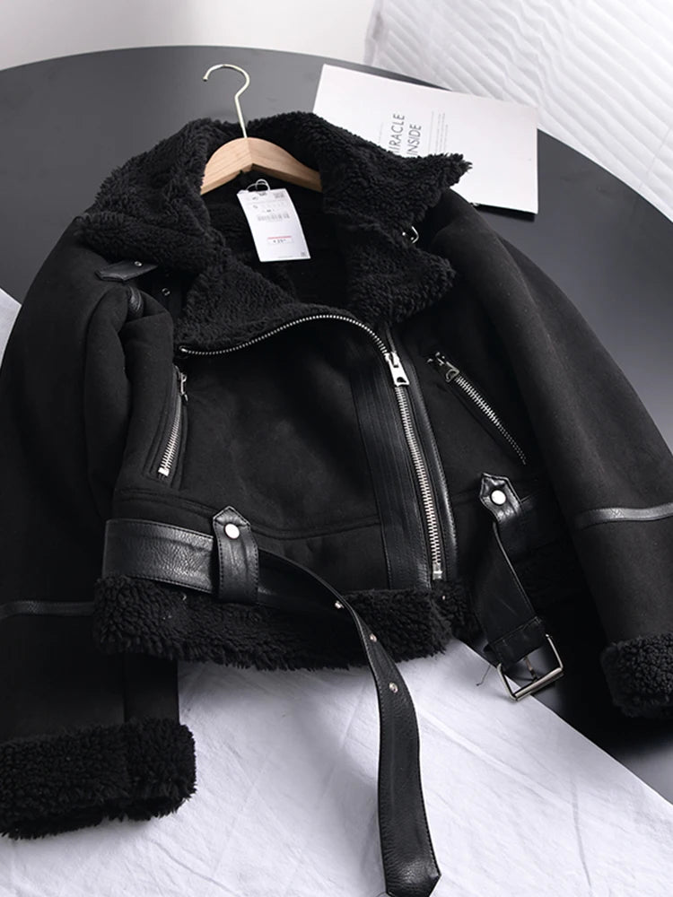 Ailegogo Giacca invernale da donna in pelle scamosciata calda e spessa, corta da motociclista, cappotti marroni, giacche in pelle di montone finto shearling, capispalla