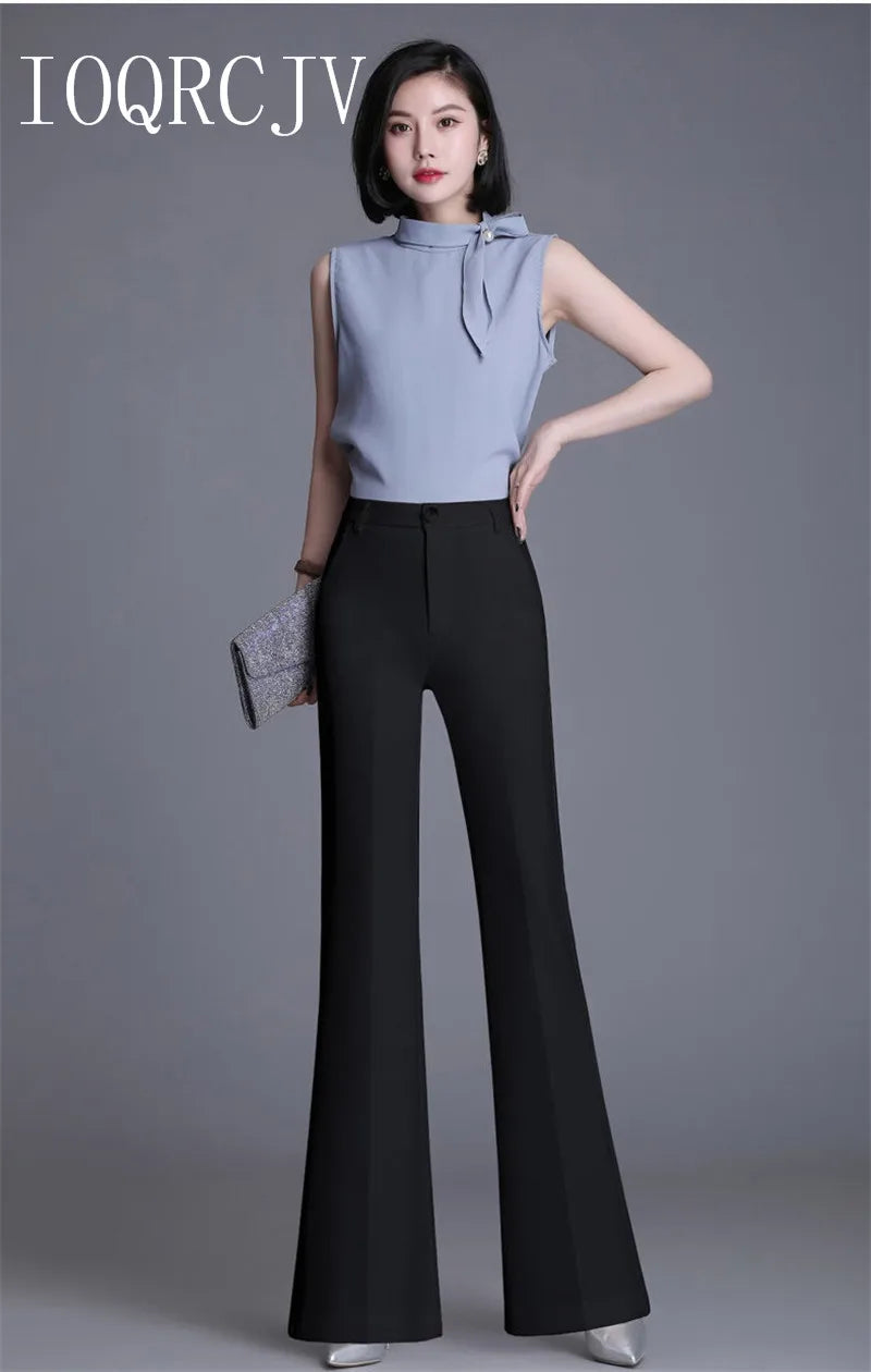 Pantaloni classici a zampa d'elefante bianchi sottili per le donne 2025 Pantaloni estivi a vita alta con fondo a campana sottile Pantaloni da donna da ufficio neri 5XL