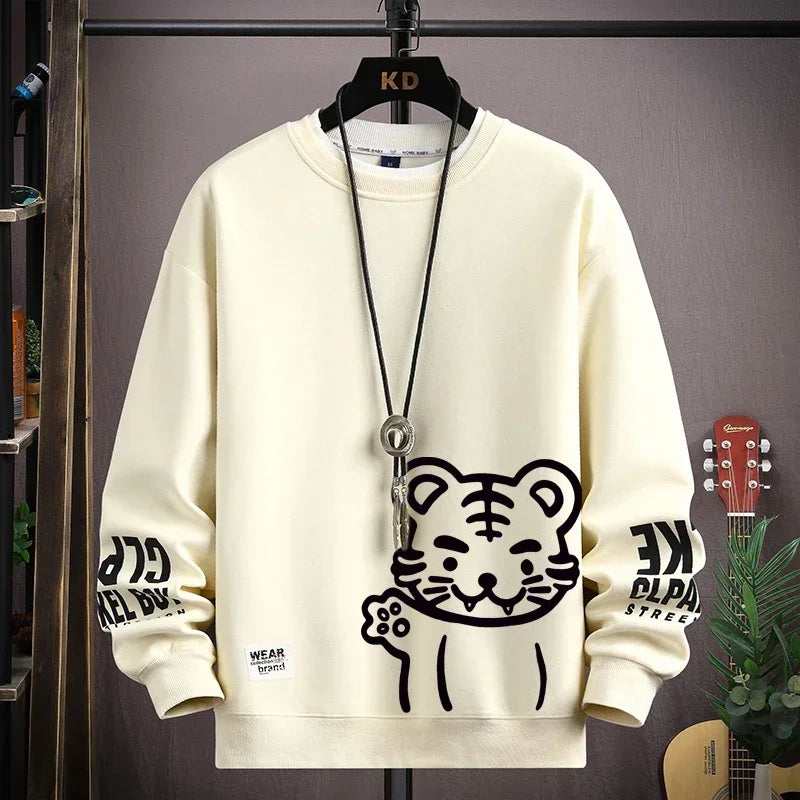 Felpa da uomo Cartoon giapponese Felpe con cappuccio T-shirt a maniche lunghe stampata tigre autunnale Abbigliamento da uomo di moda Cachi O Collo Harajuku Top