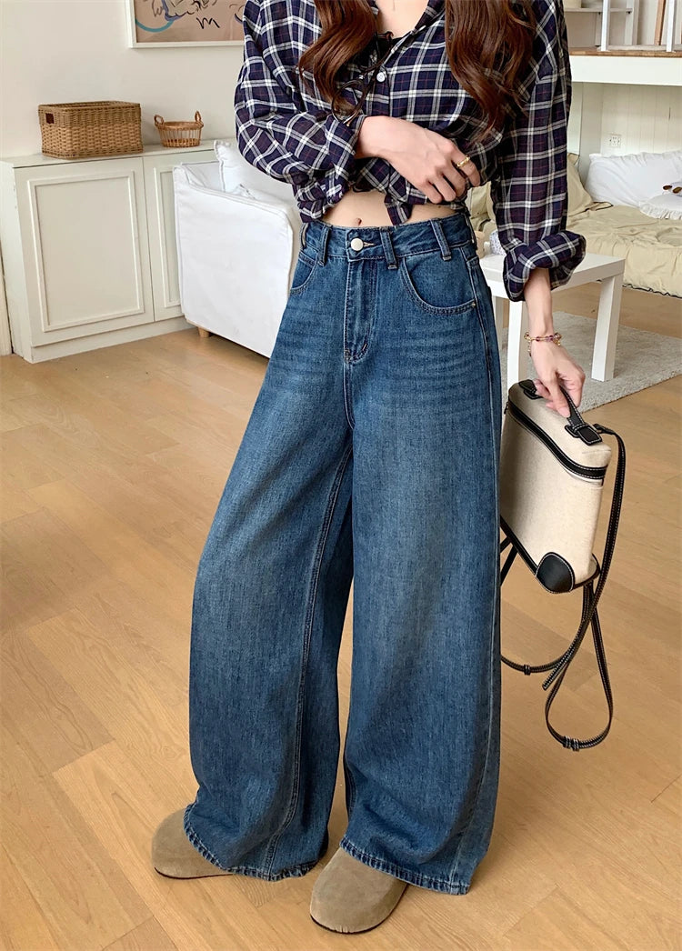 Jeans a Vita Alta Stile Americano, Gamba Larga, per Donna, Autunno Inverno, Vestibilità Comoda, Pantaloni Lunghi, Taglio Dritto, Casual, Denim Blu, Effetto Snellente