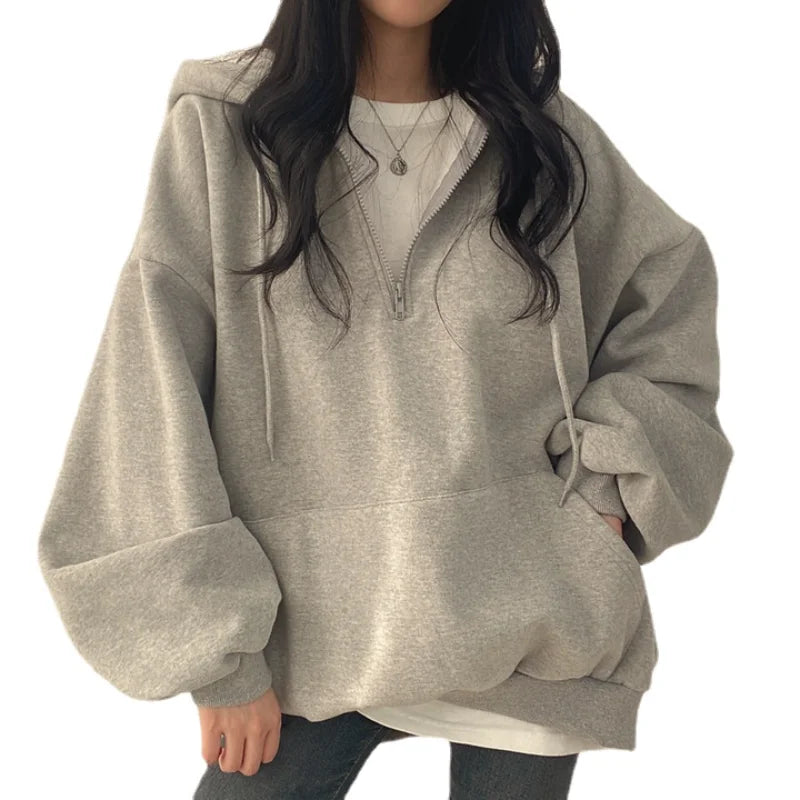 Felpa con cappuccio da donna Harajuku sciolto oversize tinta unita Top mezza Zip felpa donna Casual manica lunga tasca cappotti con cappuccio 2023