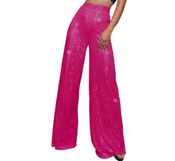 Pantaloni da donna, abbigliamento femminile, vestiti alla moda, pantaloni casual con paillettes, pantaloni eleganti, ampi e fluidi, a gamba larga, hwy5623