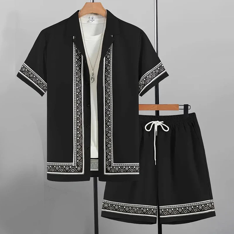 2024 vestito da vacanza estiva dei nuovi uomini camicia con bordo stampato strutturato retrò pantaloncini a maniche corte tuta da piscina traspirante da uomo in due pezzi