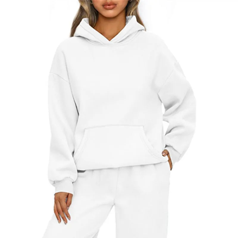 Felpa con cappuccio sportiva casual autunno inverno Felpa con cappuccio allentata moda donna a maniche lunghe tinta unita Pullover da donna