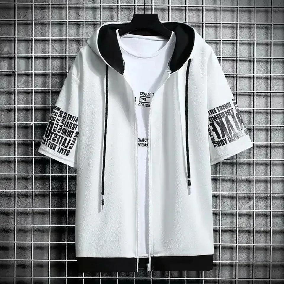 Felpe con cappuccio da uomo di moda Abbigliamento estivo da uomo T-shirt Cappuccio con cerniera Cartoon T-shirt casual Stampa Top con cappuccio Manica corta da uomo