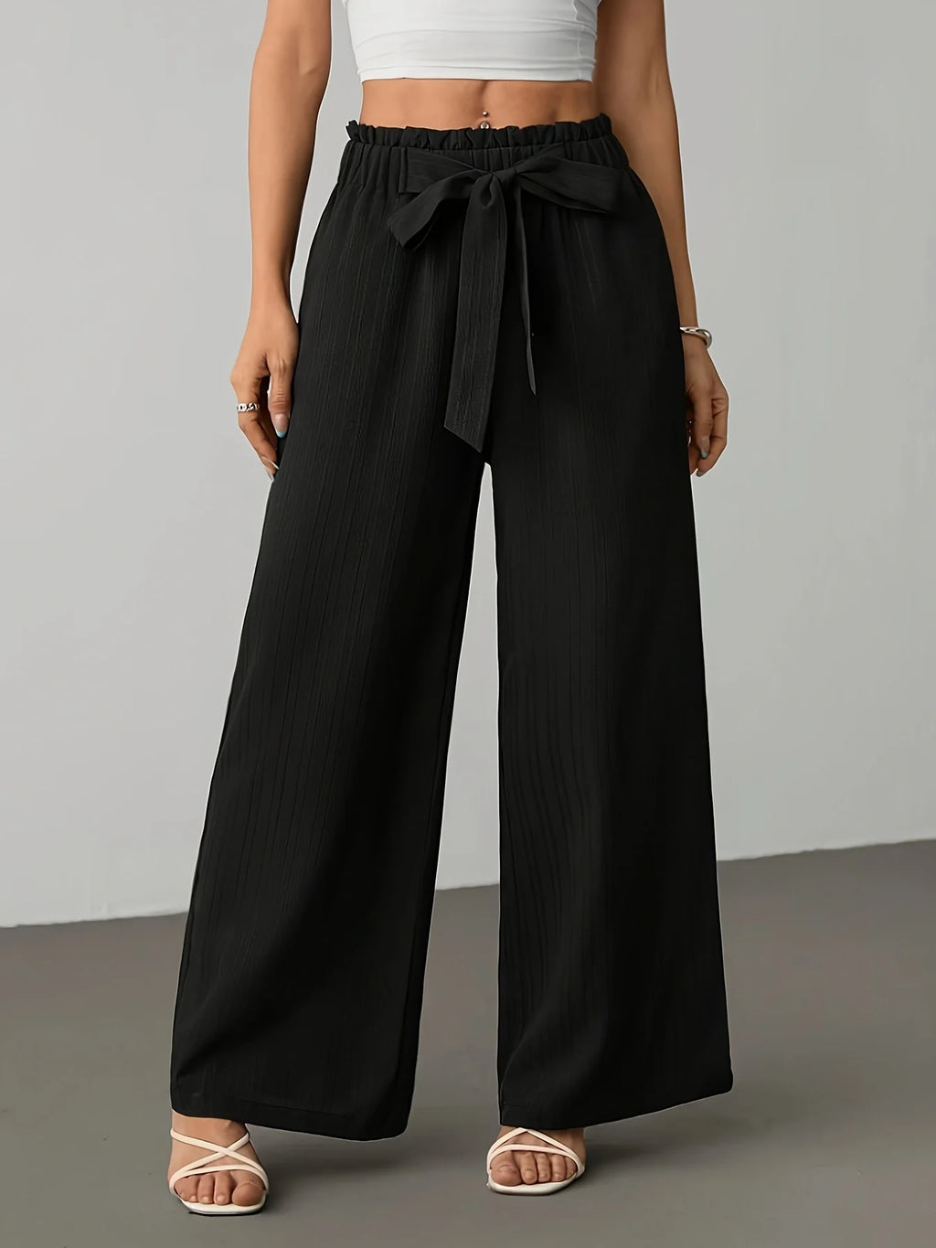 Pantaloni Larghi da Donna con Vita Arricciata e Laccio, Pantaloni Casual a Righe Drappeggiati, Pantaloni Dritti a Vita Alta e Lunghezza Maxi