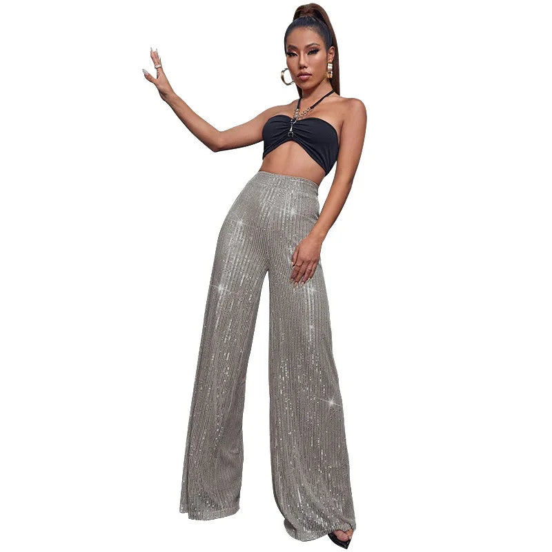 Pantaloni da donna, abbigliamento femminile, vestiti alla moda, pantaloni casual con paillettes, pantaloni eleganti, ampi e fluidi, a gamba larga, hwy5623