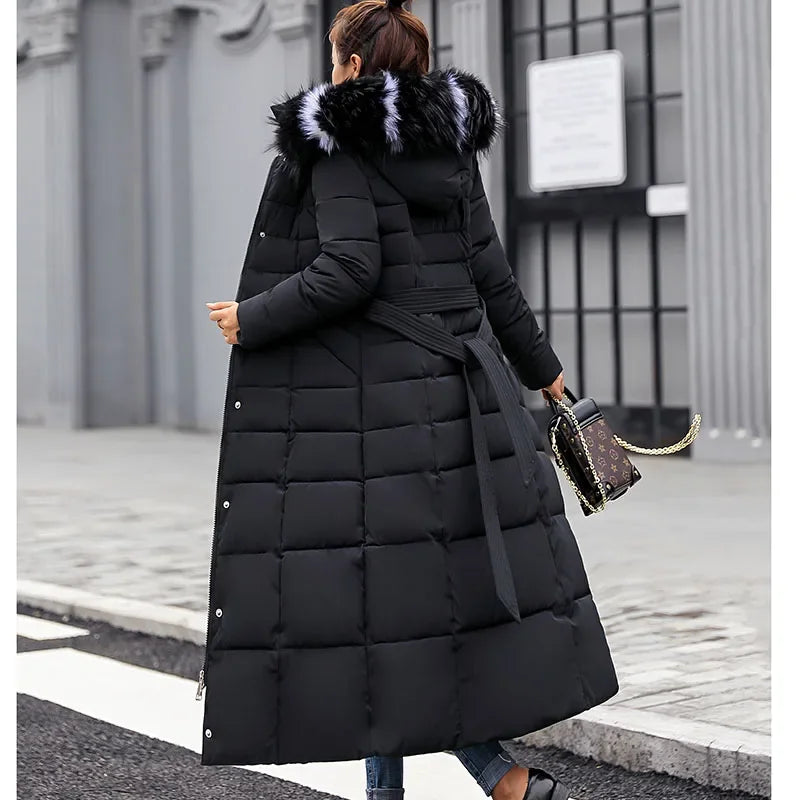 Cappotto Parka lungo in cotone piumino femminile nuovo inverno sopra il ginocchio ampio collo in pelliccia con cappuccio caldo parka spesso soprabito imbottito da donna