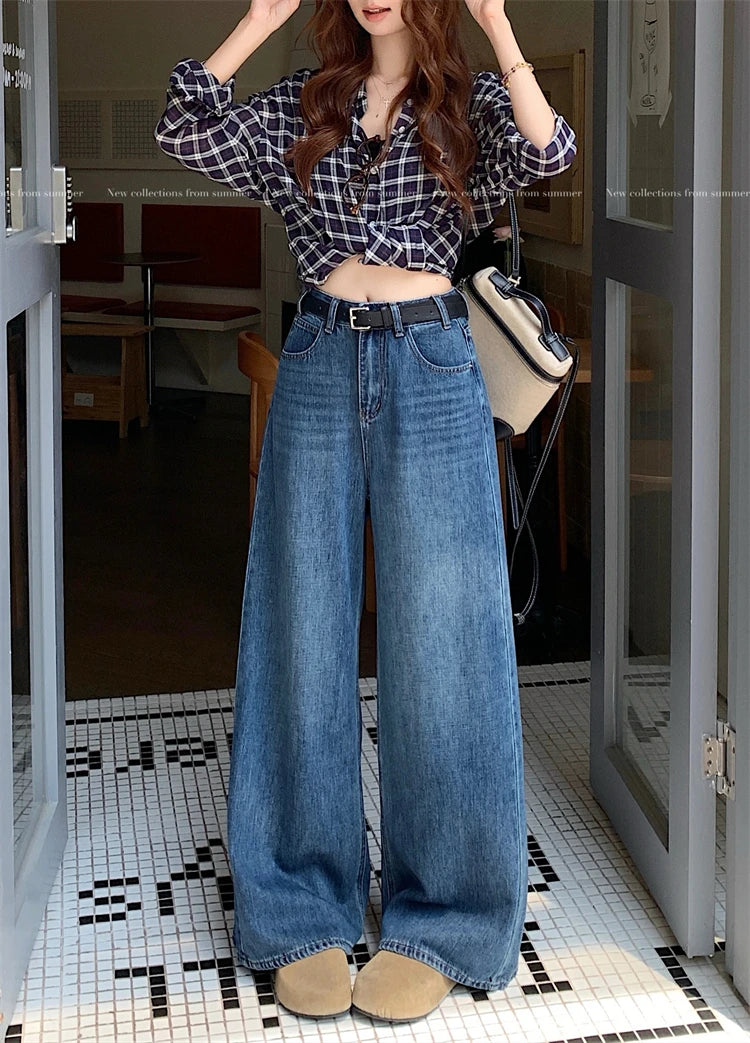 Jeans a Vita Alta Stile Americano, Gamba Larga, per Donna, Autunno Inverno, Vestibilità Comoda, Pantaloni Lunghi, Taglio Dritto, Casual, Denim Blu, Effetto Snellente