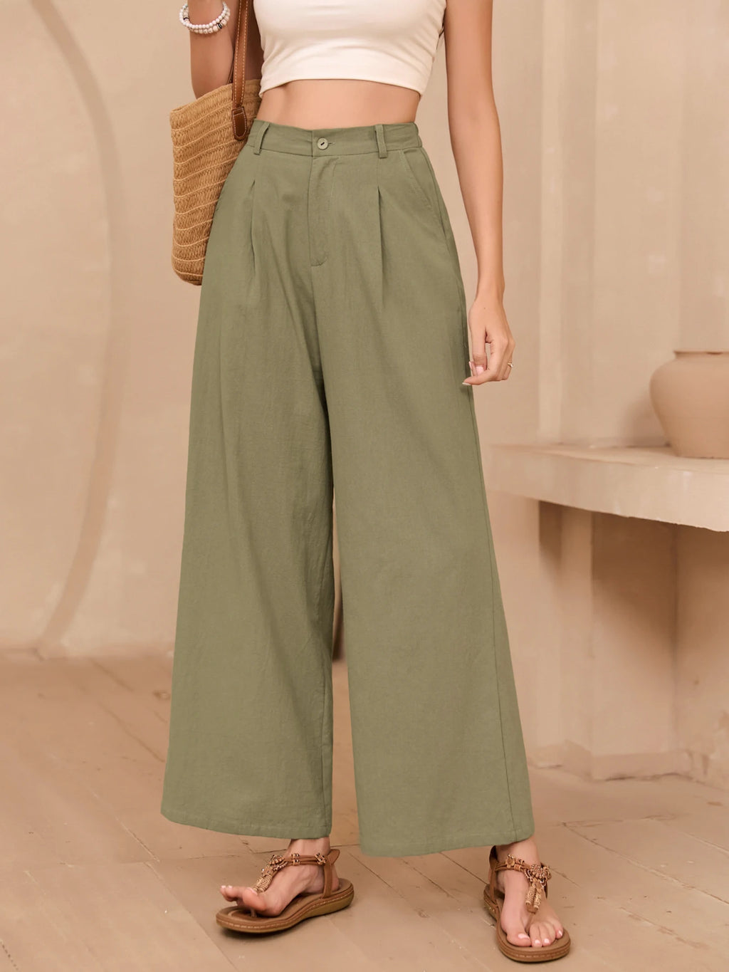 Eleganti Pantaloni Larghi in Lino Tinta Unita per Donne, Vita Alta, Casual Estivi, Morbidi e Snellenti, Lunghi per Primavera e Autunno