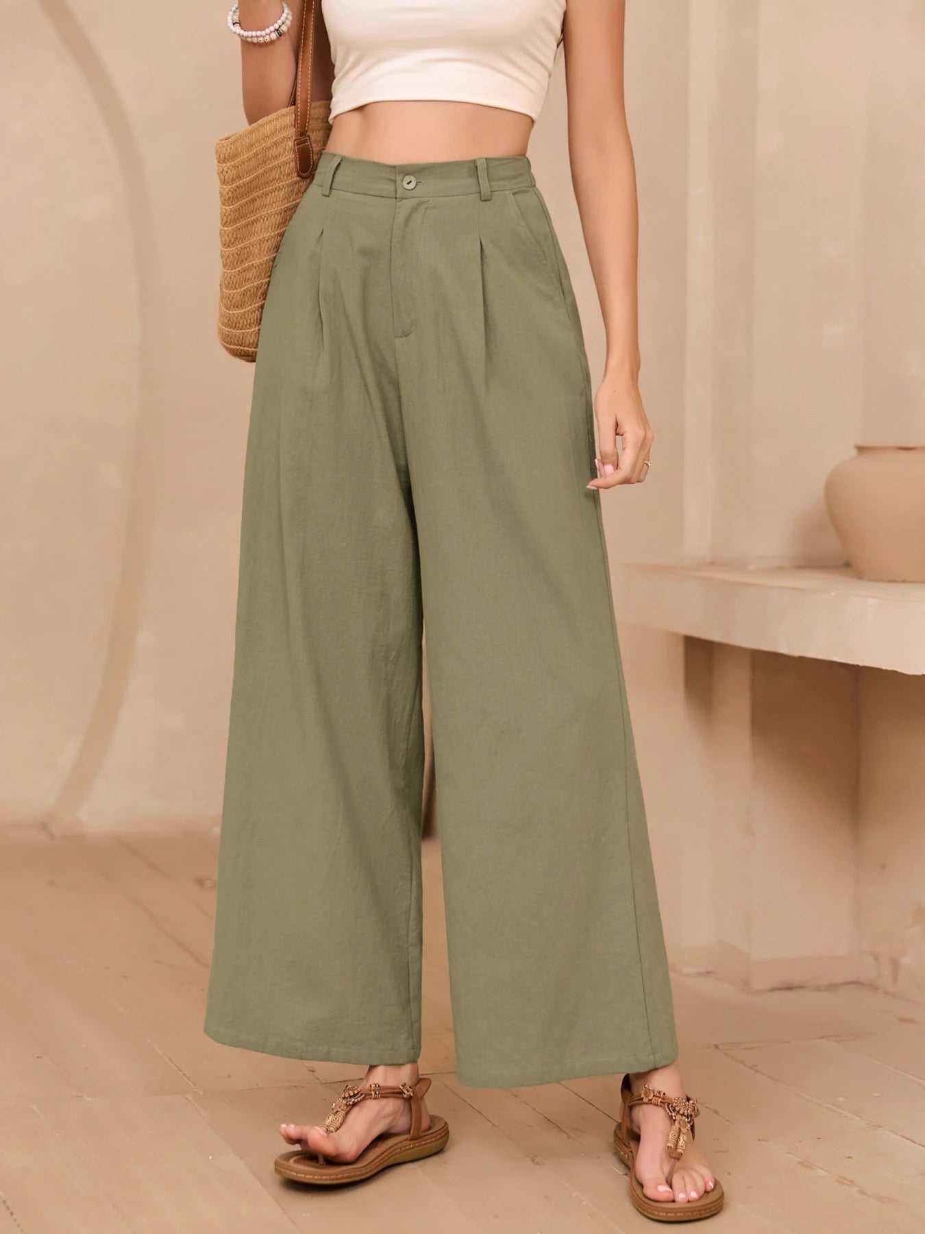 Eleganti Pantaloni Larghi in Lino Tinta Unita per Donne, Vita Alta, Casual Estivi, Morbidi e Snellenti, Lunghi per Primavera e Autunno