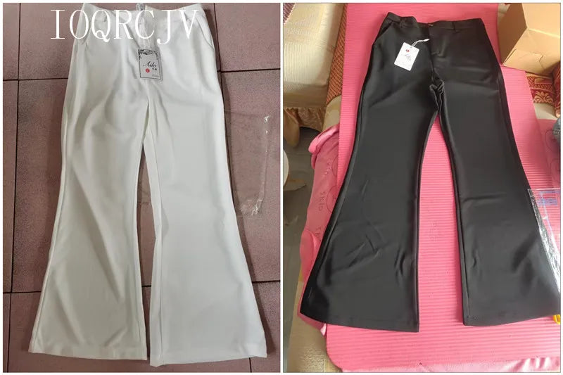 Pantaloni classici a zampa d'elefante bianchi sottili per le donne 2025 Pantaloni estivi a vita alta con fondo a campana sottile Pantaloni da donna da ufficio neri 5XL