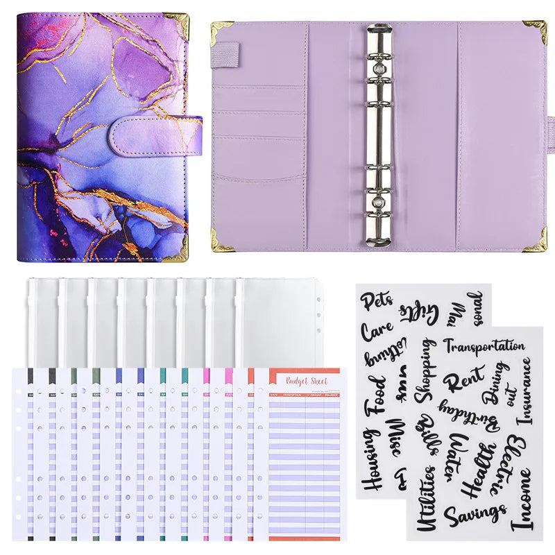 1spc budget card 12 sheets+zipper bag 8 sheets+2 sheets English stickers A6 leather retro marble pattern copper corner accountin