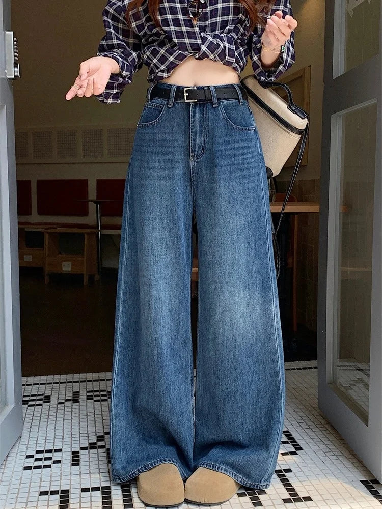 Jeans a Vita Alta Stile Americano, Gamba Larga, per Donna, Autunno Inverno, Vestibilità Comoda, Pantaloni Lunghi, Taglio Dritto, Casual, Denim Blu, Effetto Snellente
