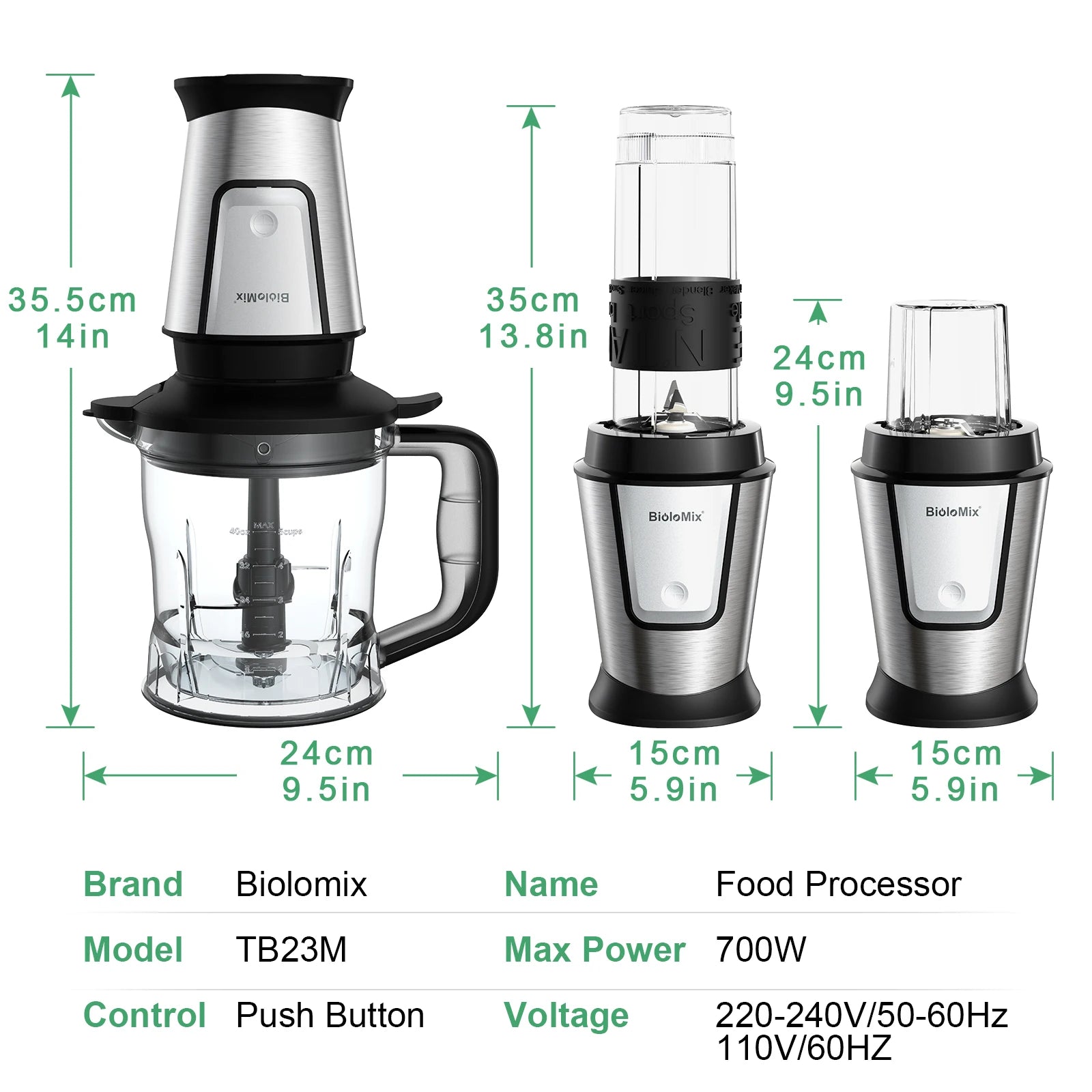 BioloMix 700W Compact Kitchen Blender 3-in-1 Juicer Food Processor and Dry Grinder Perfect for Making Fresh Juices Dips