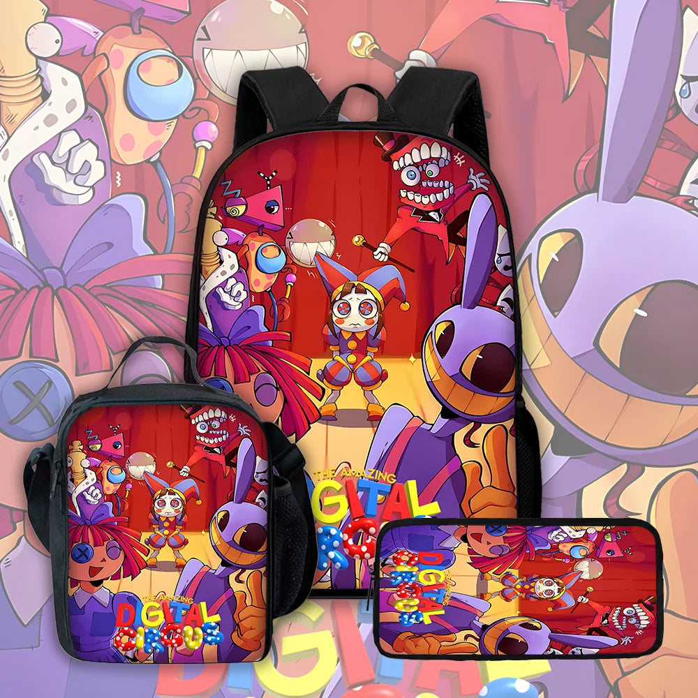 Zaino scolastico per bambini Cartoon A-AmazingS DigitalS Circus con borse per il pranzo, astucci, zaini scolastici per ragazzi e ragazze, miglior regalo