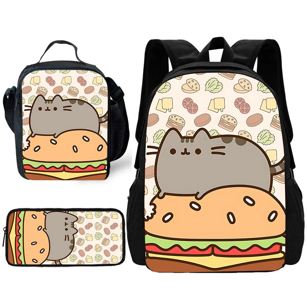 Zaino per bambini con gatti Kawaii Pusheens per la scuola con borse per il pranzo, borse per matite, borse per la scuola per ragazzi e ragazze, miglior regalo