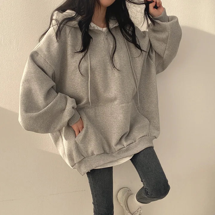 Felpa con cappuccio da donna Harajuku sciolto oversize tinta unita Top mezza Zip felpa donna Casual manica lunga tasca cappotti con cappuccio 2023