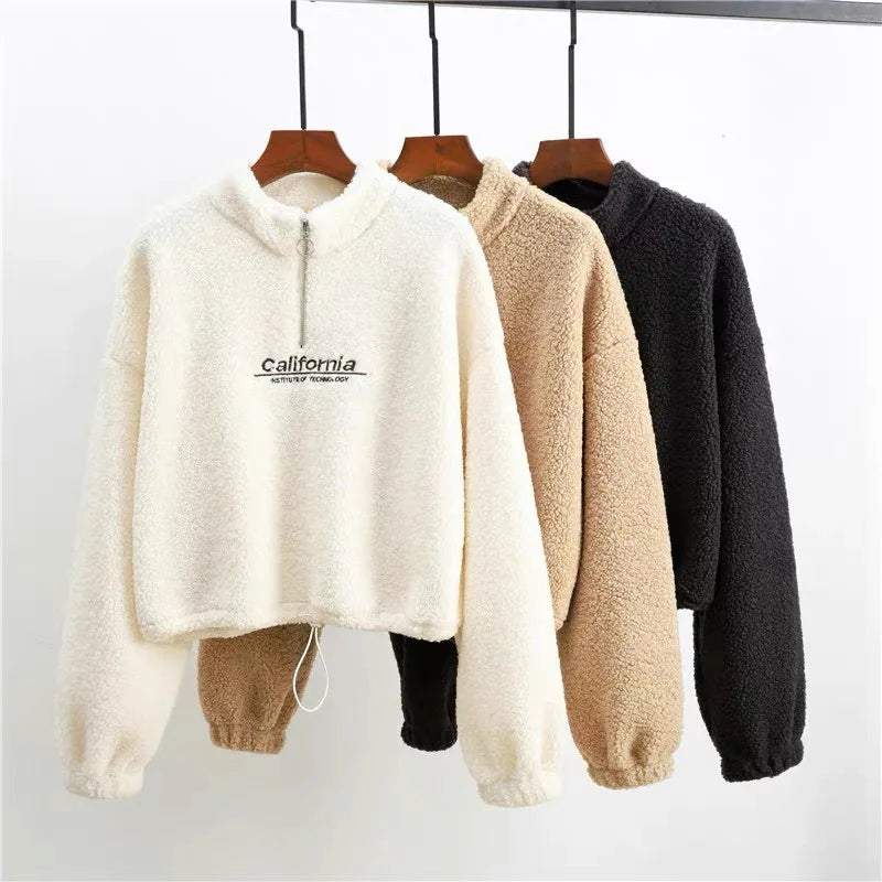 Felpe con cappuccio ritagliate in pile con ricamo a lettera da donna felpe con coulisse a maniche lunghe autunnali nuove magliette Casual in velluto di peluche