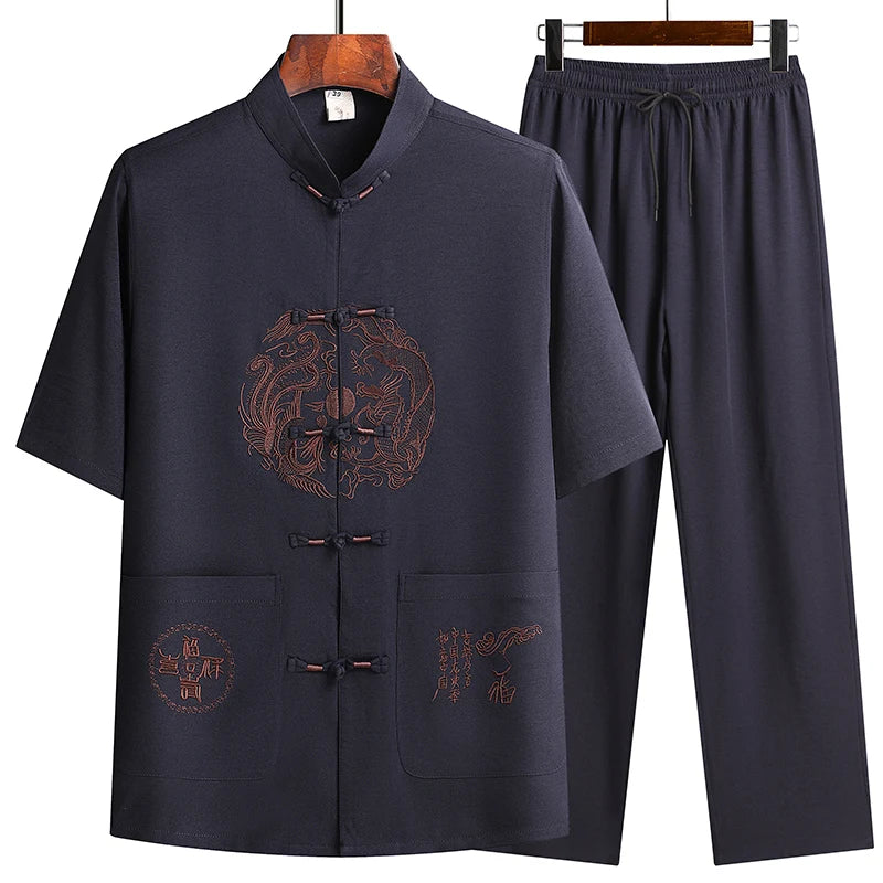 Lino (top + pantaloni) abito Tang cinese in lino arruffato di mezza età da uomo in stile cinese Hanfu nonno vestito in lino