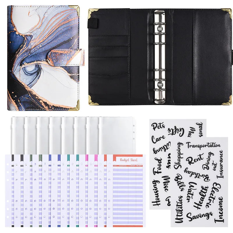 1spc budget card 12 sheets+zipper bag 8 sheets+2 sheets English stickers A6 leather retro marble pattern copper corner accountin