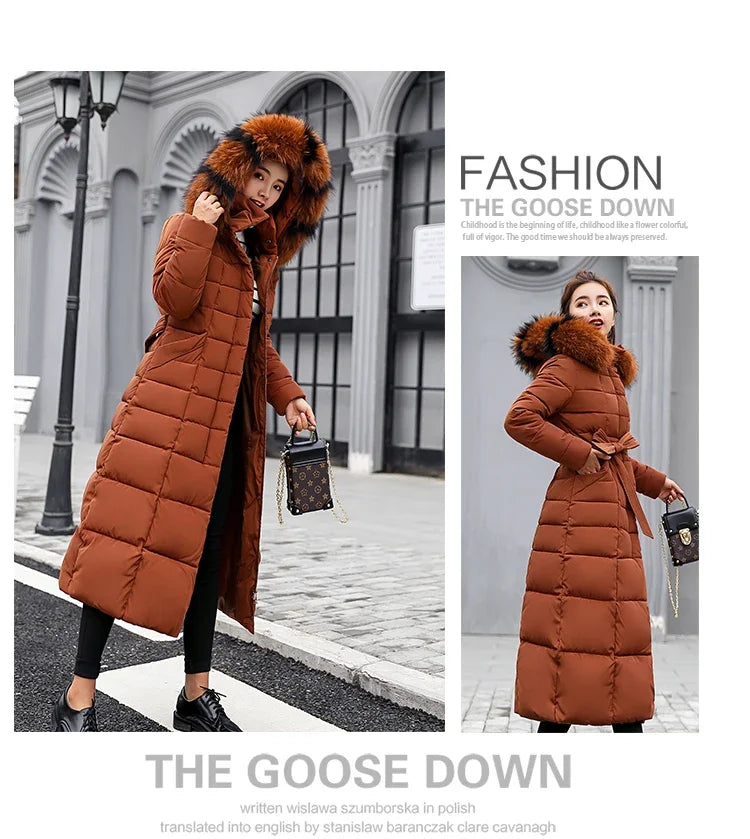 Cappotto Parka lungo in cotone piumino femminile nuovo inverno sopra il ginocchio ampio collo in pelliccia con cappuccio caldo parka spesso soprabito imbottito da donna