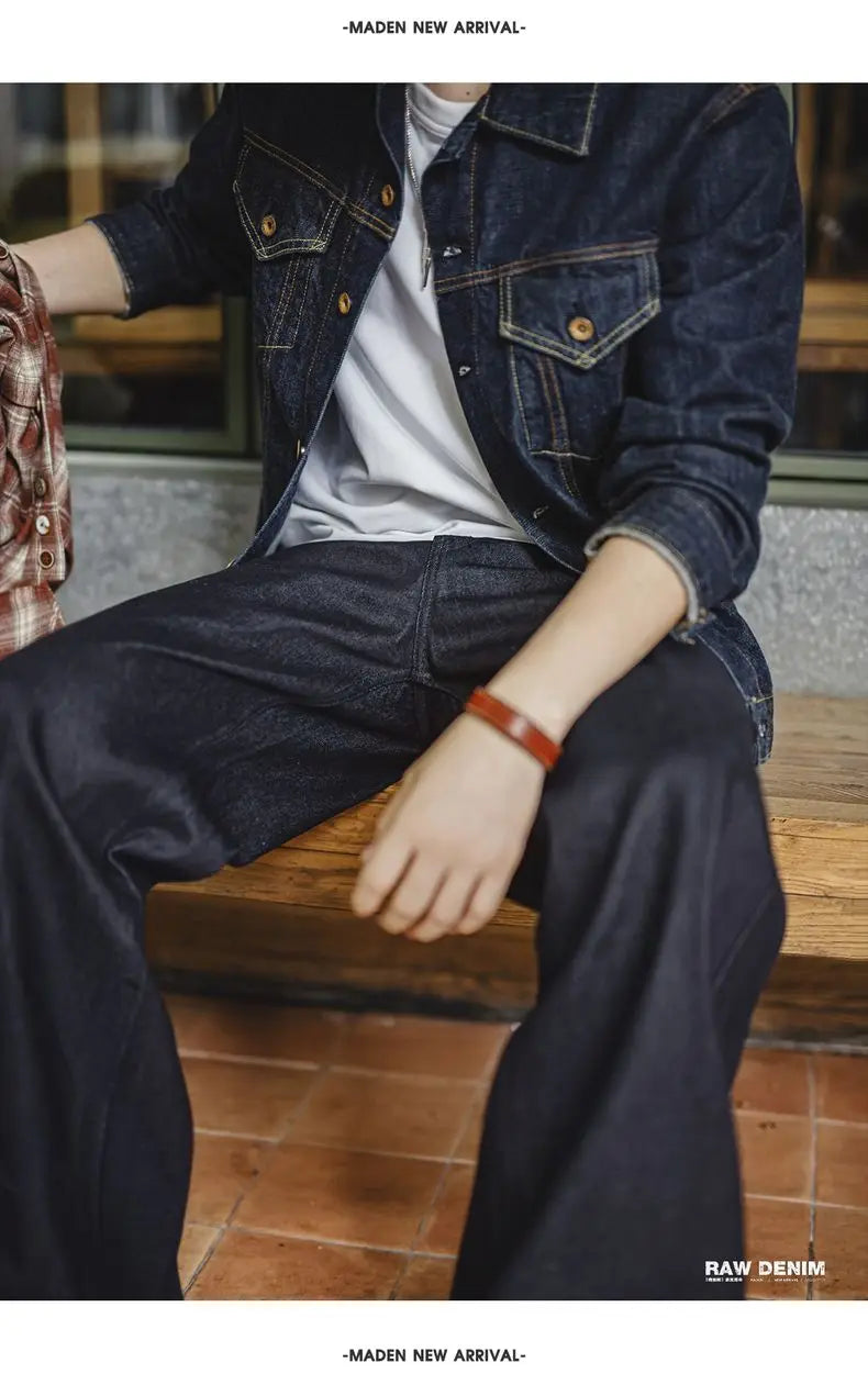 Maden Vintage Jeans da uomo in denim grezzo con cimosa da 15,6 once Pantaloni a gamba larga con cerniera YKK Jeans dritti per l'autunno e l'inverno