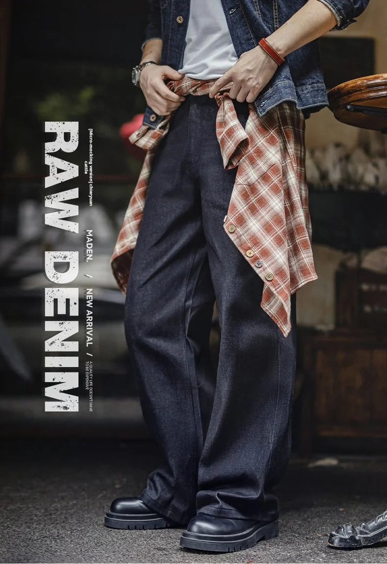 Maden Vintage Jeans da uomo in denim grezzo con cimosa da 15,6 once Pantaloni a gamba larga con cerniera YKK Jeans dritti per l'autunno e l'inverno
