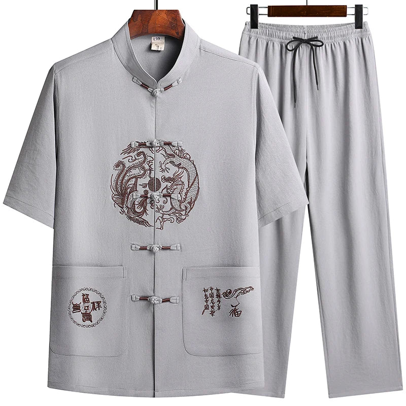 Lino (top + pantaloni) abito Tang cinese in lino arruffato di mezza età da uomo in stile cinese Hanfu nonno vestito in lino