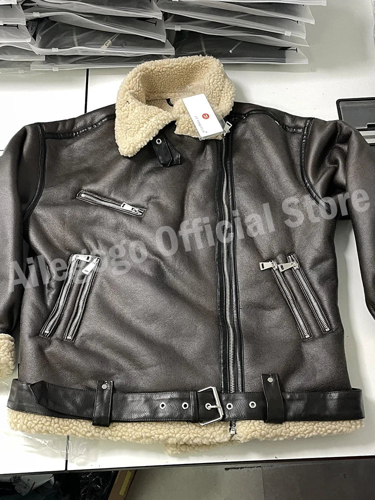 Ailegogo Streetwear Giacca da donna in pelliccia di agnello allentata calda in ecopelle Cintura vintage con cerniera femminile Cappotto spesso chic impiombato