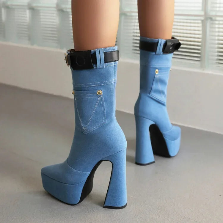 Stivaletti in Denim con Pelliccia Corta, Suola Spessa, Tacco Alto 15cm, Punta Affusolata, Elastici, Taglie 34-45, Nuova Collezione Invernale 2024 per Donna