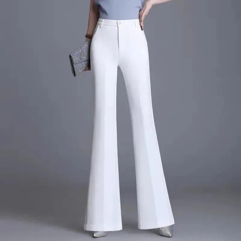 Pantaloni classici a zampa d'elefante bianchi sottili per le donne 2025 Pantaloni estivi a vita alta con fondo a campana sottile Pantaloni da donna da ufficio neri 5XL