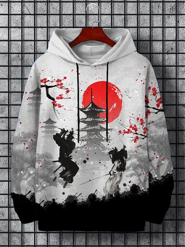 Felpa con cappuccio da uomo Samurai Stampa Y2k Felpa Harajuku Camicia con cappuccio Pullover Casual Oversize Manica lunga Sport Top Abbigliamento da uomo