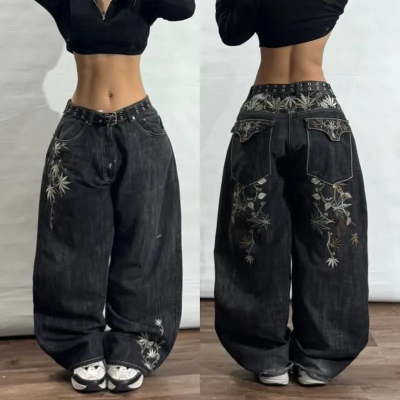 American New Fashion Modello geometrico Jeans larghi ricamati Donna Y2K Harajuku Vintage Hip-hop Pantaloni larghi casual popolari