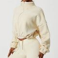 Felpa con cappuccio da donna in pile polare con zip, vestibilità ampia, top corto atletico con colletto rialzato, fori per i pollici e orlo con coulisse per l'autunno inverno