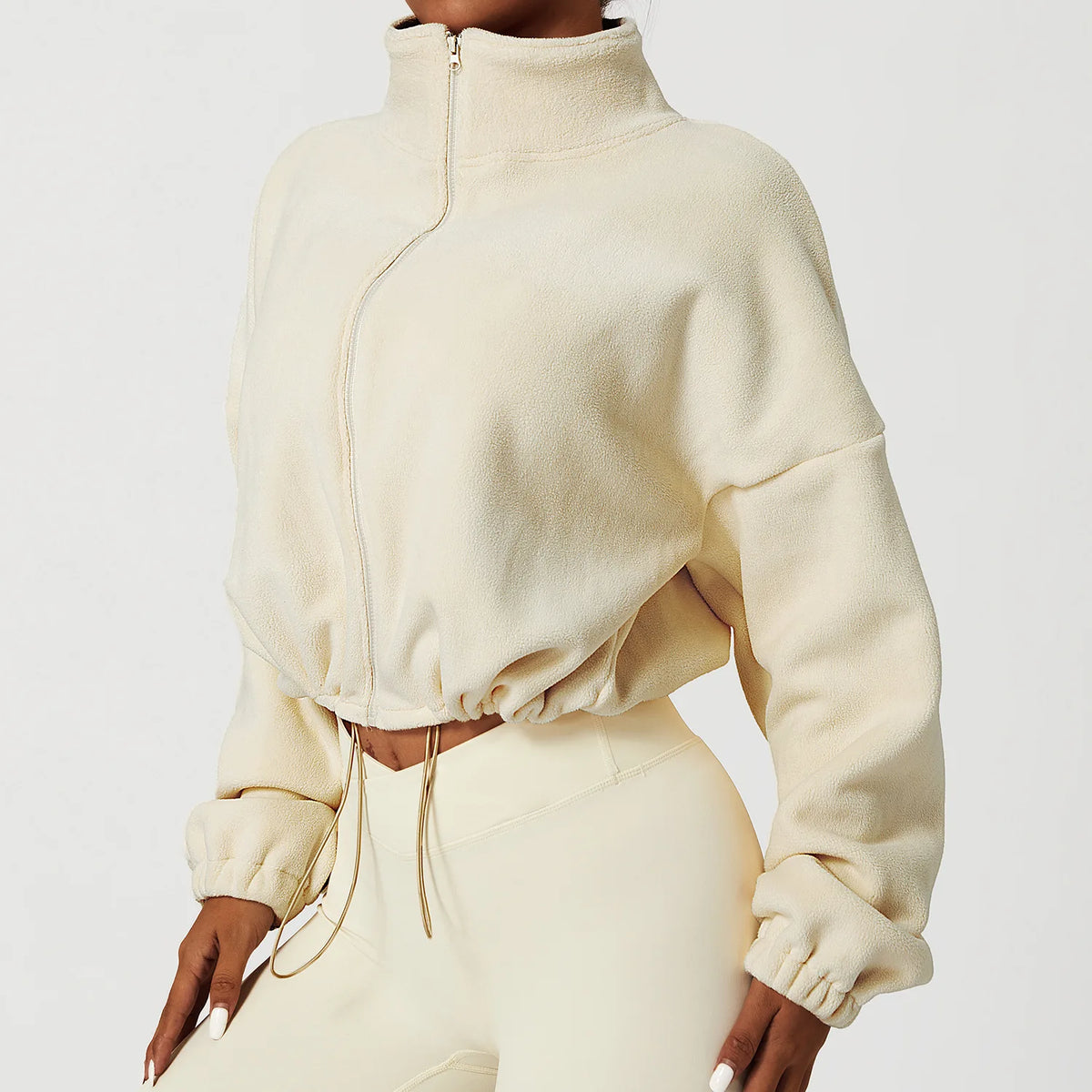 Felpa con cappuccio da donna in pile polare con zip, vestibilità ampia, top corto atletico con colletto rialzato, fori per i pollici e orlo con coulisse per l'autunno inverno