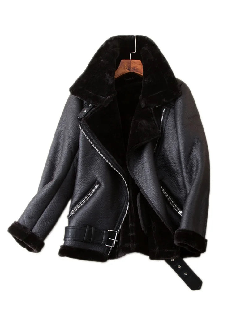 Ailegogo Cappotti invernali Donna Spessore Pelliccia sintetica Pelle di pecora Pelliccia femminile Giacca in pelle Aviator Outwear Casaco Feminino